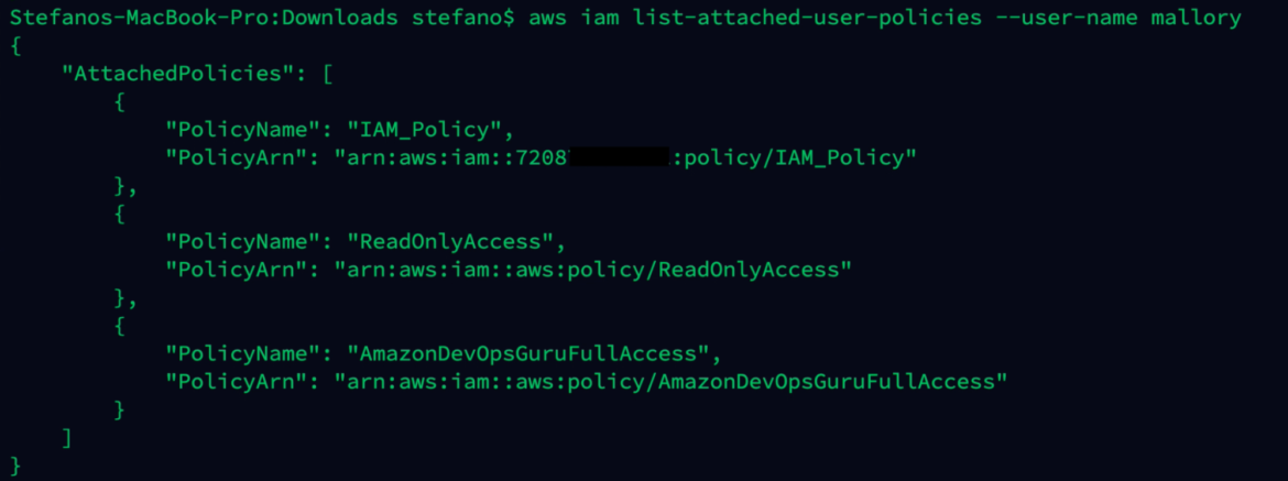 Output AWS command with policies attach