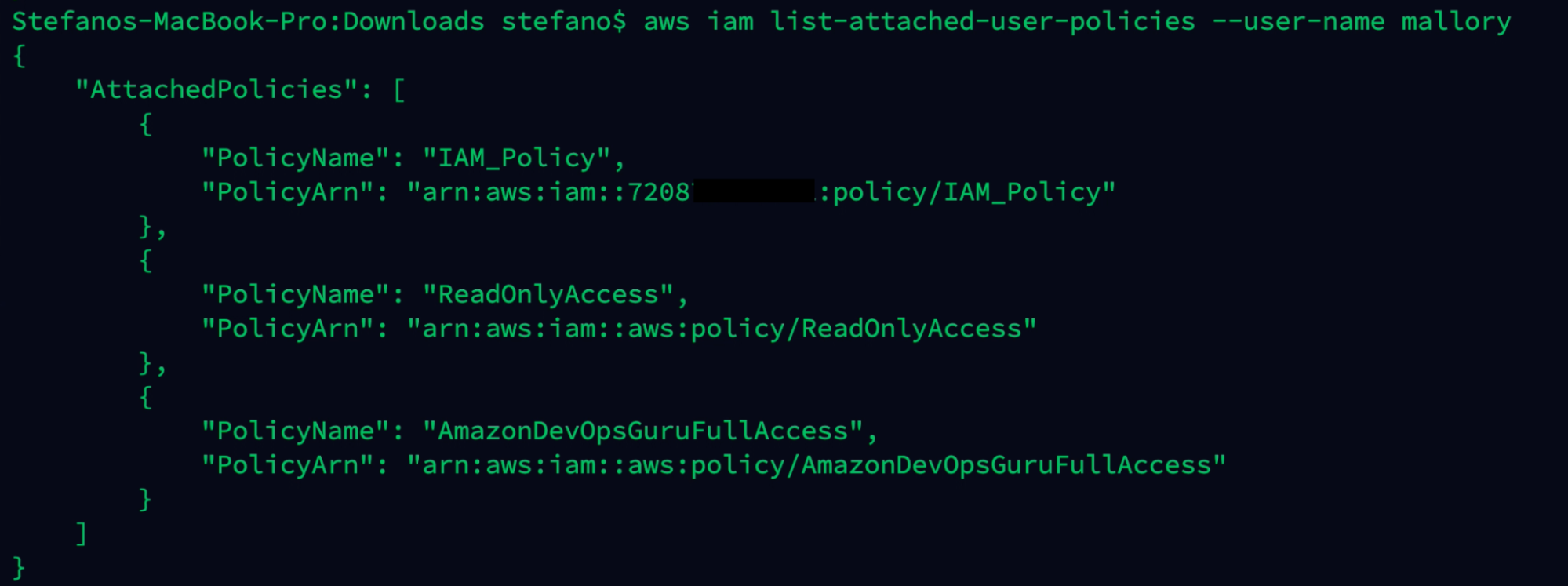 Output AWS command with policies attach